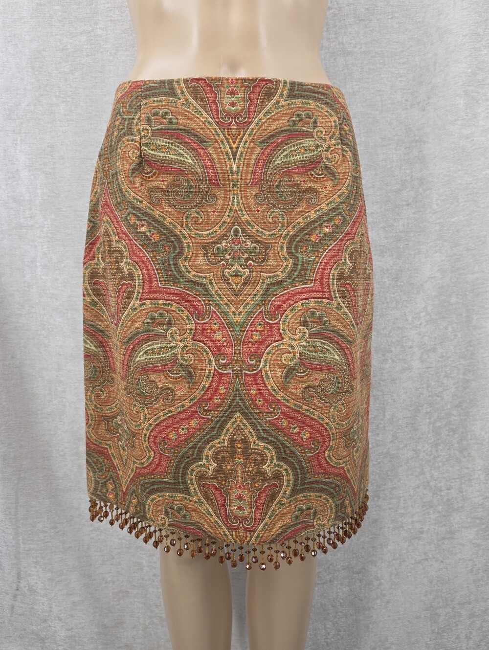 Muse Vintage Paisley Cotton Tapestry Midi Skirt with Beaded Fringe Earth Tones